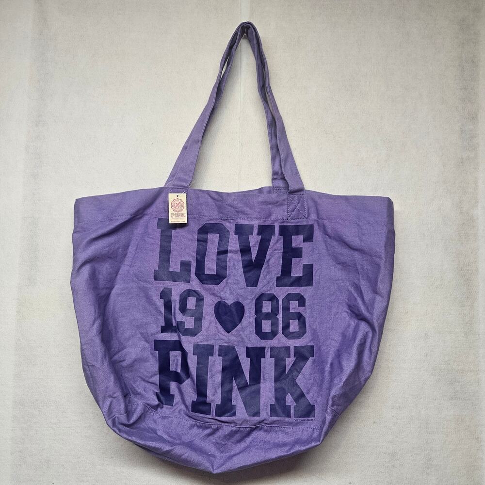 Victoria’s Secret PINK Purple Canvas Tote Bag Love 1986 Logo Shoulder Bag NWT